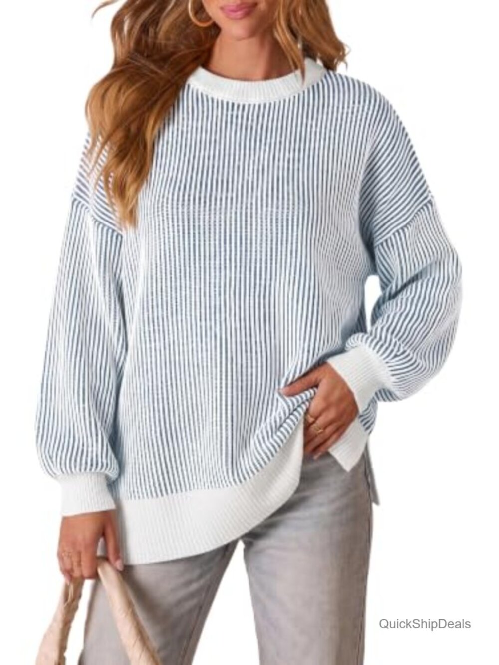 Womens Oversized Striped Knit Sweater Crew Neck Batwing Long Sleeve Pullover